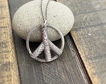 Women’s Peace Sign Necklace, Sterling Silver Handmade  Necklace, Floral Peace Necklace, Gift for Her birthday