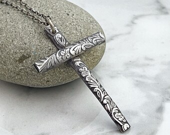 Women’s Sterling Silver Handmade Cross Necklace, Confirmation or Baptism Gift for Granddaughter, Sister, Daughter. Floral Cross