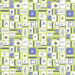 Puede incluir: Patrón repetitivo de fichas de Mahjong, dados y otras piezas de juego en blanco, verde, azul y amarillo. El diseño incluye varios símbolos y números, creando un patrón visualmente atractivo e intrincado.