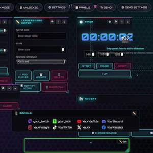 Könnte beinhalten: Eine digitale Benutzeroberfläche mit dunklem Hintergrund und einem Neon-Blau- und Pink-Farbschema. Die Oberfläche enthält Abschnitte für Ziele, Follower, Abonnenten, einen Bestenlisten-Editor, einen Timer und Social-Media-Links. Der Timer zeigt 00:00:02 an.