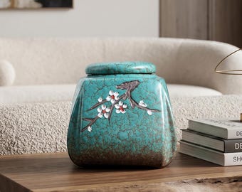 Duża ceramiczna urna dla psa, turkusowy upominek dla zwierzaka, pamiątka kremacji z kwitnącą wiśnią