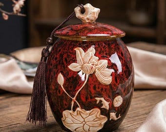 Czerwona ceramiczna duża urna dla psa, trójwymiarowy lotosowy pomnik dla zwierząt, prezent dla tęczowego mostu