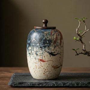 May include: A ceramic jar with a wooden lid. The jar features a blue and white speckled design with gold accents and fish illustrations. The jar is on a dark grey stone surface.