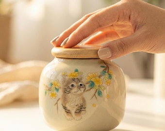 Small Cat Urn, Hand Painted Kitten Memorial, Ceramic Keepsake Jar, Art Pet Loss Gift