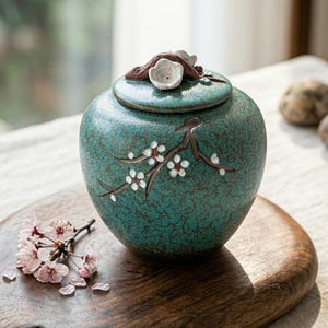 Peut inclure: Un vase funéraire en céramique turquoise avec un couvercle, décoré d'une branche fleurie. Le vase a une surface texturée et une petite fleur sur le dessus du couvercle. Le vase est posé sur une surface en bois.