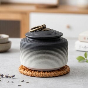 Op de afbeelding: Een keramische pot met een deksel, met een verloop van zwart naar wit. Het deksel heeft een messing ringhandvat. De pot staat op een ronde, geweven onderzetter. Minimalistisch ontwerp.
