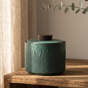 May include: A teal ceramic jar with a wooden lid sits on a wooden surface. The jar has vertical lines carved into its exterior. The lid is a dark brown color. The jar is cylindrical and appears to be a container for storage.