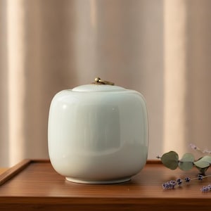 Op de afbeelding: Een gladde, licht mintgroene keramische pot met een afgerond, cilindrisch lichaam en een plat deksel. Het deksel is voorzien van een kleine, centraal geplaatste ringvormige handgreep van messingkleurig metaal. Het keramiek heeft een glanzende afwerking.