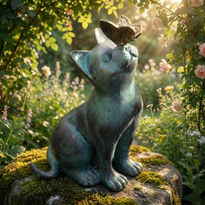 May include: A verdigris cat sculpture with a butterfly resting on its head. The cat sits on a mossy rock, set in a garden with flowers and foliage. The statue has a weathered finish, giving it an aged appearance.