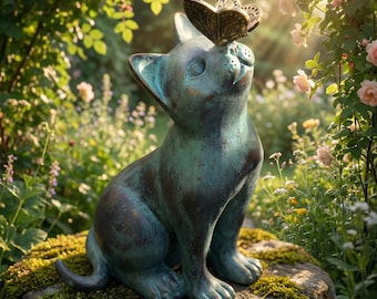 Kat herdenkingsstandbeeld met vlinder, huisdier verlies sympathie cadeau, katachtige tuin herdenkingsmarkering