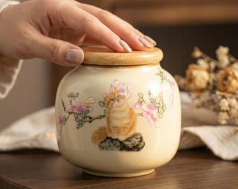 Ginger Cat Urn, Hand Painted Orange Tabby Memorial, Small Ceramic Jar, Pet Loss Gift