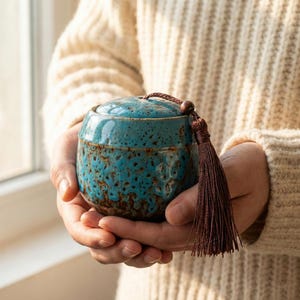 Puede incluir: Una pequeña urna de cerámica turquesa con tapa y borla marrón. La urna tiene un patrón moteado y se sostiene con ambas manos. La borla está unida a la tapa con un cordón marrón.