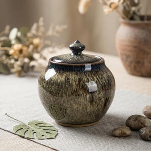 May include: A small, round ceramic jar with a lid. The jar has a speckled, earthy brown and green glaze with a dark blue rim and a small knob on the lid. The jar is sitting on a neutral-colored surface.