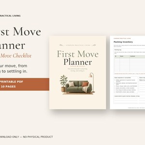 May include: A digital First Move Planner and checklist guide featuring a cream-colored cover with a green sofa, potted plant, and floor lamp illustration. The set includes a Packing Inventory page with tables for tracking boxes, contents, and room placement.