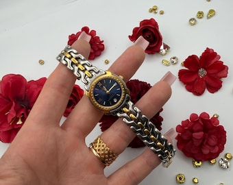 Two-Tone Gold and Silver Ladies Watch with Deep Blue Dial and Date Window