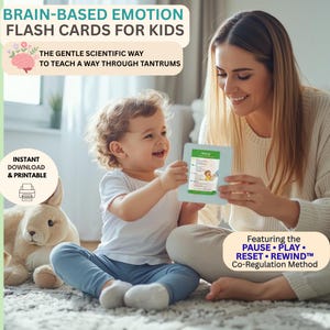Puede incluir: Una madre y un niño interactúan con tarjetas didácticas. Las tarjetas están etiquetadas como "Tarjetas de memoria de emociones basadas en el cerebro para niños" y promueven el método "Pausa, Jugar, Reiniciar, Rebobinar". La imagen también incluye el texto "Descarga instantánea e imprimible".