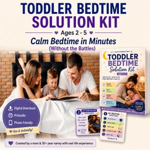 Puede incluir: Una familia lee un libro, promocionando un "Kit de solución para la hora de dormir para niños pequeños". El kit incluye una descarga digital, materiales imprimibles y recursos para teléfonos. Promete noches tranquilas en minutos para niños de 2 a 5 años.
