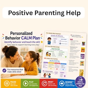 Könnte beinhalten: Ein Bild, das positive Elternhilfe bewirbt. Es zeigt eine Mutter und ein Kind sowie einen Leitfaden mit dem Titel "Personalized Behavior CALM Plan". Der Plan umfasst Schritte zur Verhaltensidentifizierung, zum Erlernen von Fähigkeiten und zum Feiern von Fortschritten.