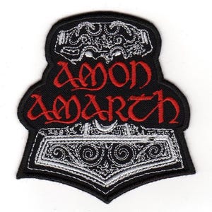 Amon Amarth Aufnäher – Thors Hammer Bandlogo, rotes Death-Metal-Logo – Aufnäher zum Aufnähen