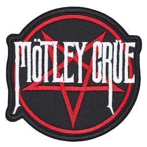 May include: A circular embroidered patch featuring a black background with a red pentagram outline. The text MÖTLEY CRÜE is stitched in white across the center of the design. The patch has a thick black border and a textured fabric finish.