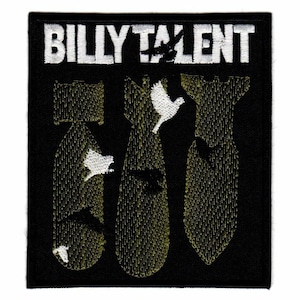 May include: A square black embroidered patch featuring the white text BILLY TALENT at the top. Below the text are three gold-colored bomb silhouettes arranged vertically, interspersed with small white and black bird shapes.