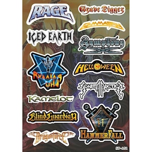 May include: A sticker sheet featuring various heavy metal band logos including Rage, Grave Digger, Iced Earth, Gamma Ray, Symphony X, Running Wild, Helloween, Sonata Arctica, Kamelot, Blind Guardian, HammerFall, and DragonForce with a dark fantasy background.