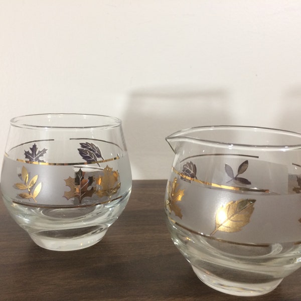 2 piece set of gold trim Fall Foliage frosted glass servingware barware, midcentury glasses