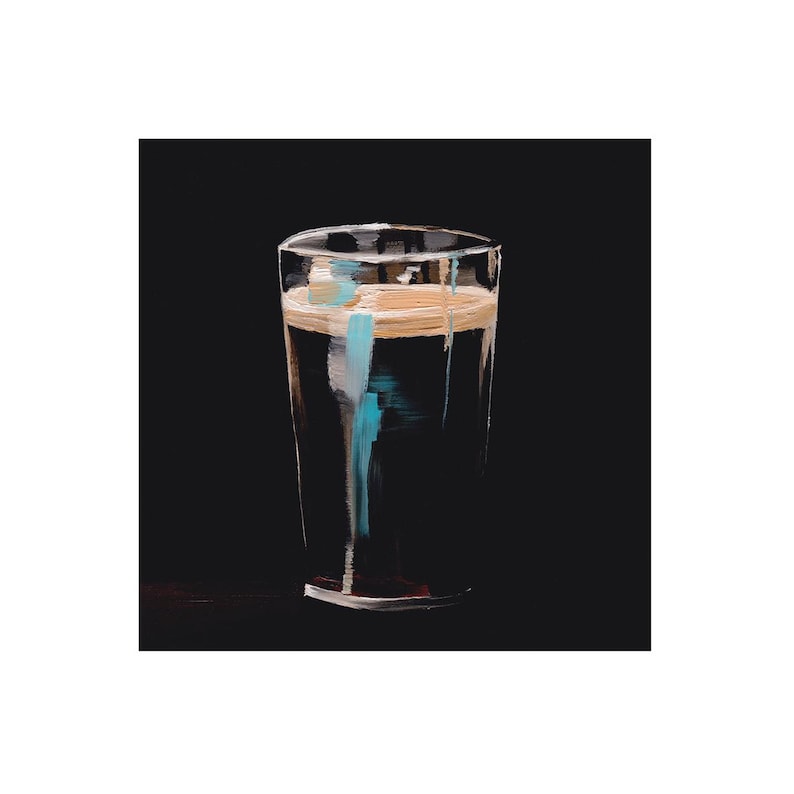 May include: A clear pint glass filled with a dark liquid, possibly beer or stout, with a creamy tan head. The glass has abstract blue and white paint strokes on it, set against a black background.