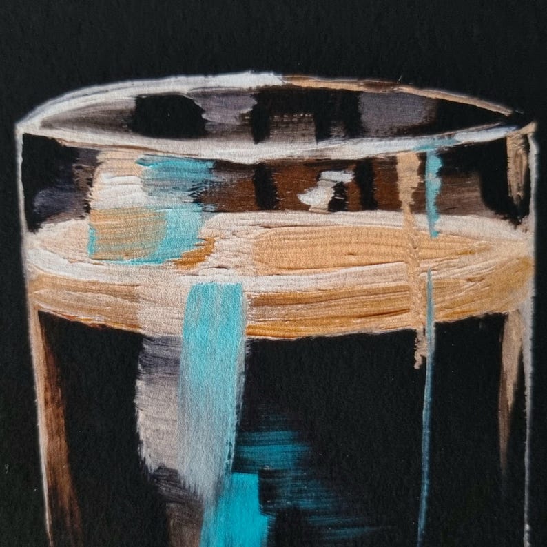 May include: An abstract painting of a pint glass filled with a dark liquid, possibly beer or stout. The artwork uses a palette of black, brown, beige, and teal, with visible brushstrokes creating texture. The glass is depicted against a black background.