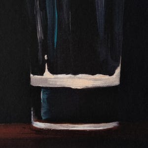 May include: A painted image of a tall, clear glass with a white rim and a dark liquid inside. The glass is set against a black background, with a hint of a brown surface at the bottom. The artwork has a realistic style.