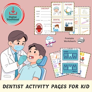 Könnte beinhalten: Digitaler Download mit Zahnarzt-Aktivitätsseiten für Kinder. Das Bild zeigt einen Zahnarzt, der einen Patienten untersucht, zusammen mit ausdruckbaren Arbeitsblättern, darunter ein Check-up-Formular, Zahndiagramme und Illustrationen von Zahnwerkzeugen. Der Text lautet "Dentist Activity Pages for Kid".