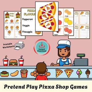 May include: A colorful illustration of a pretend play pizza shop. The image includes pizza slices, ingredients, order forms, and a cashier. Text includes "Pizza Flavors", "Printable Worksheets", and "Instant Download". The scene is designed for children's play.