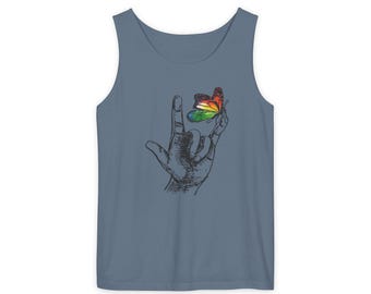 Peaceful Pride T-shirt regenboog vlinder tanktop |  Handillustratie, 'minimalistische, uniseks casual strandtop'