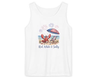 Camiseta sin mangas Beach Red White Salty Crab / Verano patriótico 4 de julio / Celebración de fuegos artificiales / Algodón Unisex