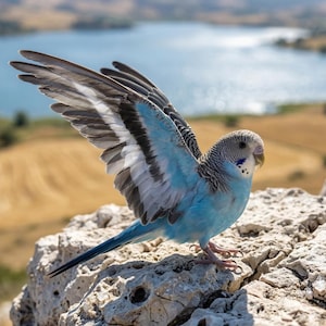 May include: A colourful parakeet with open wings, displaying blue, grey, and white plumage. The bird is perched on a textured rock, with a blurred landscape of water and hills in the background.