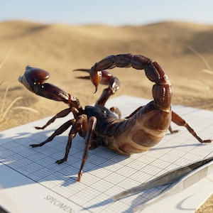 May include: A brown scorpion with a curved tail and pincers, positioned on a grid paper labeled "SPECIMEN". The scorpion is in a desert setting with sand dunes in the background. A pair of tweezers is in the foreground.