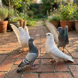May include: Several pigeons of varying colours, including white and grey, stand on a brick patio. One pigeon has its wings spread. The background features potted plants and a garden path.