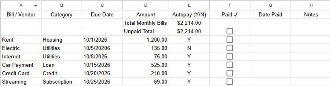 Bill Payment Tracker Google Sheets | Monthly Bills Organizer ...