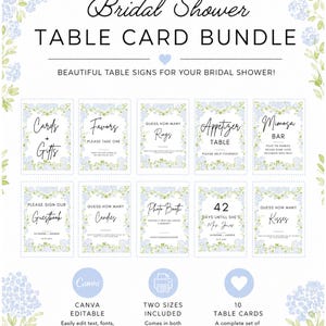 May include: A white table card bundle with blue floral accents, designed for a bridal shower. The set includes 10 editable table cards with various text options, such as "Cards & Gifts" and "Mimosa Bar". The cards are available in two sizes.