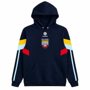 May include: Navy blue hooded sweatshirt with a front pocket and a hood. The sweatshirt features a crest with text and colorful accents on the sleeves. The text on the sweatshirt reads "CAVASA" and "OCH CUOCH".