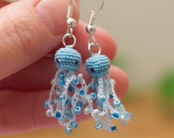 Micro crochet jellyfish earrings - pastel blue with beaded tentacles