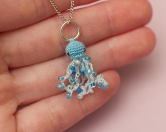 Crochet jellyfish necklace - micro crochet jellyfish with beaded tentacles on silver colour chain