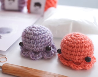 Crochet kit - mini amigurumi octopus, eco-friendly craft kit for beginners