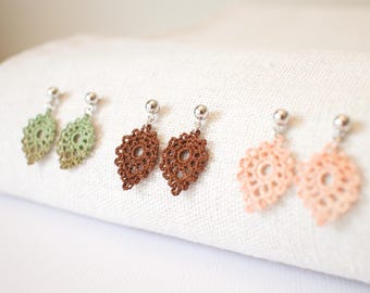 Autumn leaf dangle earrings - micro crochet leaf jewelry
