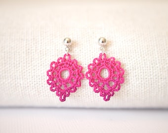 Pink leaf earrings - micro crochet lace leaf earrings