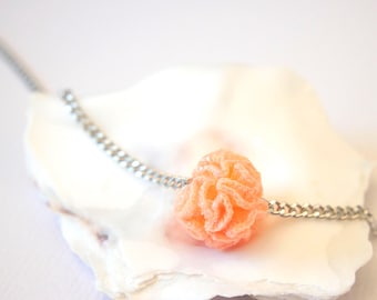 Crochet coral necklace - peach colour micro crochet coral ball on a choker chain