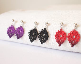 Crochet leaf earrings - dark lacy leaf jewelry
