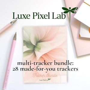 May include: A bundle of trackers with a floral design, the text reads "multi-tracker bundle: 28 made-for-you trackers". Two pink pens and a stack of pink notebooks are also visible. The brand name "Luxe Pixel Lab" is displayed.