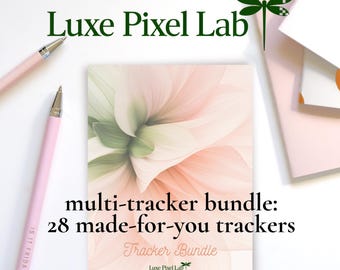 May include: A bundle of trackers with a floral design, the text reads "multi-tracker bundle: 28 made-for-you trackers". Two pink pens and a stack of pink notebooks are also visible. The brand name "Luxe Pixel Lab" is displayed.