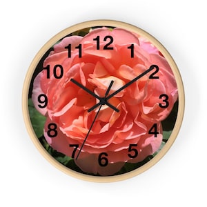 Pink Rose Wall Clock: Floral Wood Frame, Elegant Home Decor